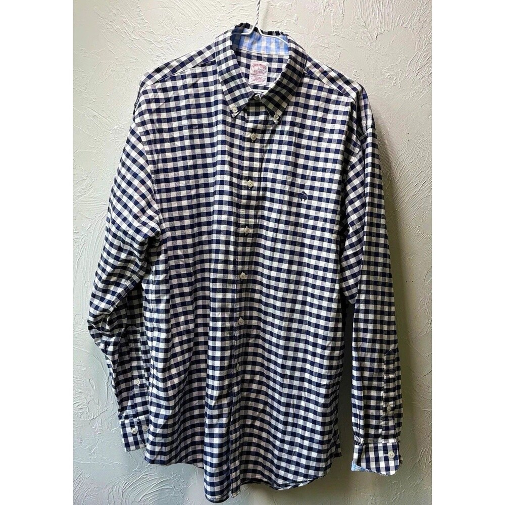 Brooks Brothers Men's L Blue/White Check Long Sleeve Regular Fit Non-Iron Shirt